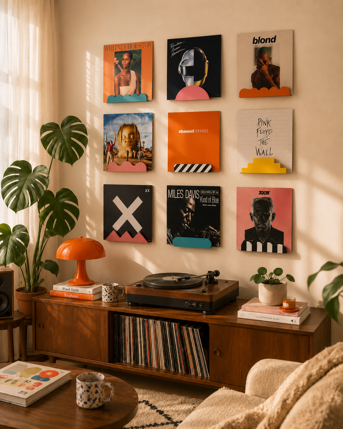 Playful Vinyl Record Wall Mount displayed on wall with records