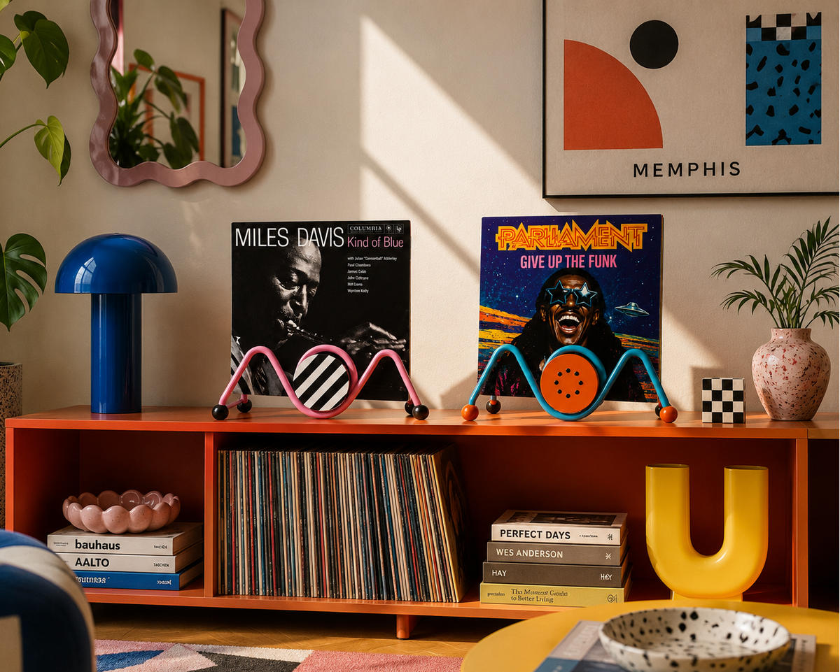 Spider Vinyl Record Stand in Memphis style colors on tabletop